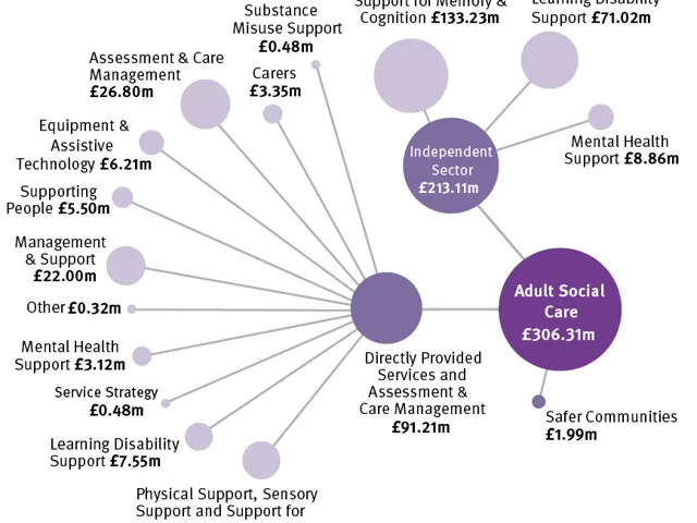 Bubble chart of revenue spending in Adult Social Care for 2022/23. Total £306.31 million. With £213.11 million for Independent Sector. And £91.21 million for Directly Provided Services and Assessment & Care Management. For details, go to the revenue spending data which is in a table.