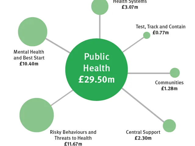 Bubble chart of revenue spending in Public Health for 2022/23. Total £29.5 million. With £11.67 million for Risky Behaviours & Threats to Health; £10.4 million for Mental Health and Best Start; £3.07 million for Health Systems; £2.3 million for Central Support; £1.28 million for Communities; and £0.77 million for Test, Track and Contain. 